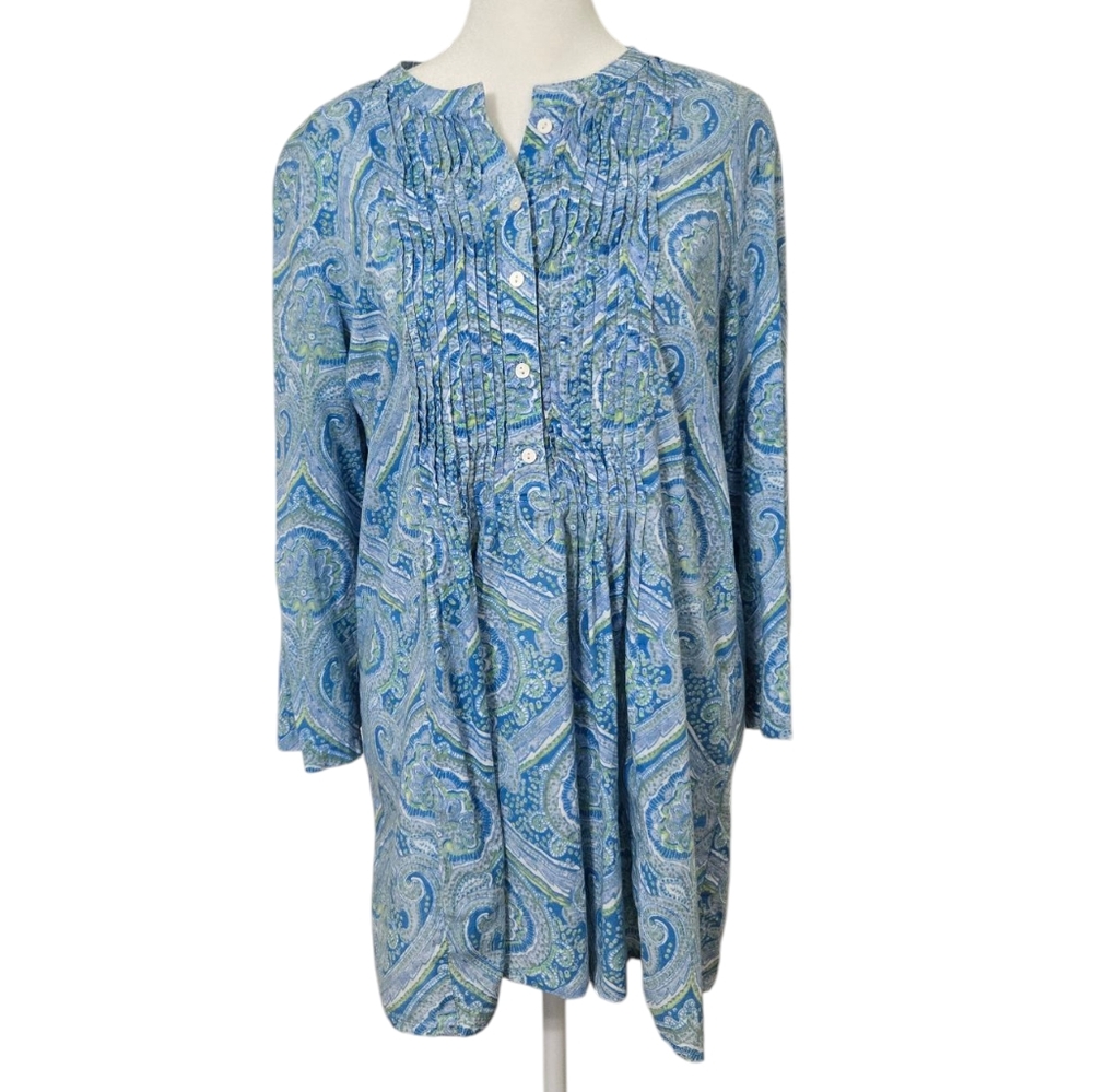 J Mclaughlin Top Womens Blue Green Paisley 3/4 Sleeve Cotton Tunic Shirt Size M